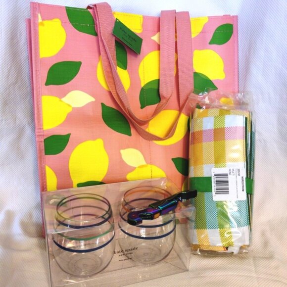 Kate Spade 'Lemons & Stripes' Picnic Wine Tote Quad Bundle, NWT - Picture 1 of 8